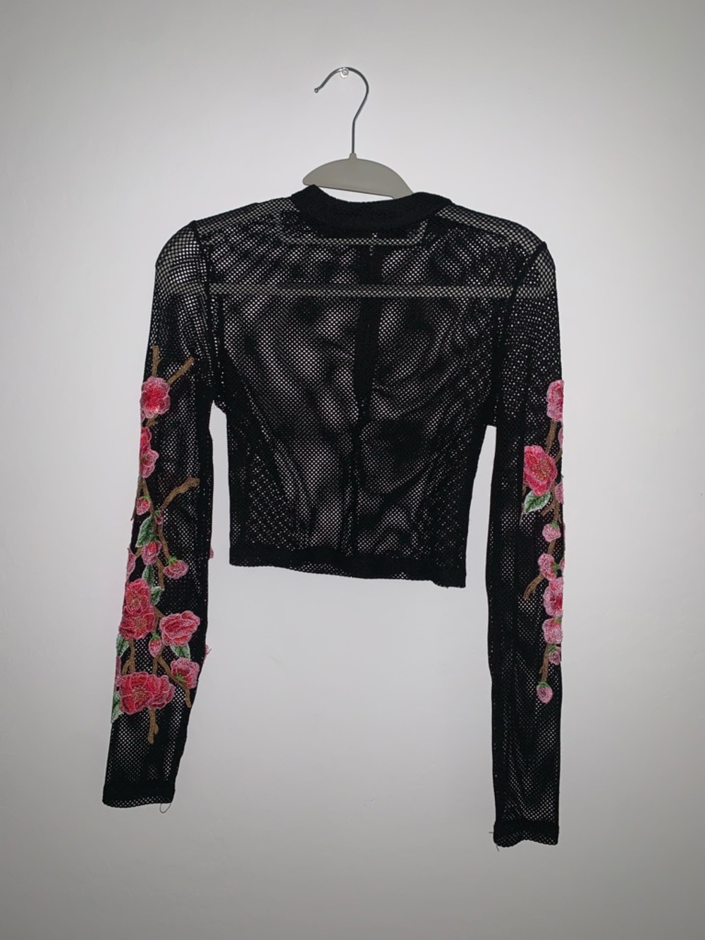 Forever 21 Black Mesh Crop Top with Pink Rose Sleeve Embroidery